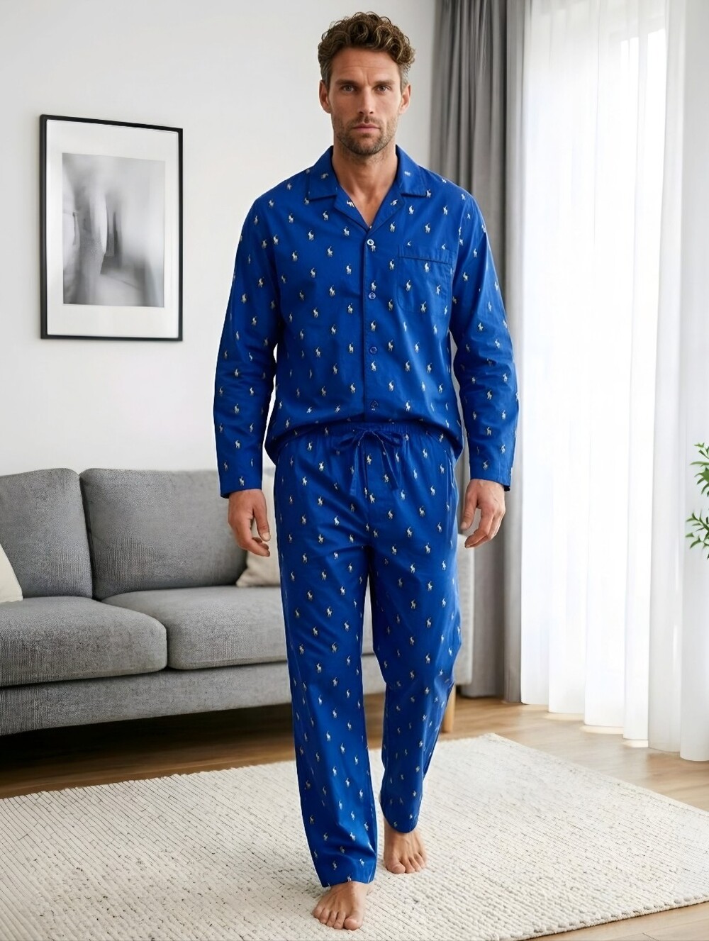 Polo Ralph Lauren Blue Cotton Lounge Pajama Pants All Over Yellow Pony Logo L/G